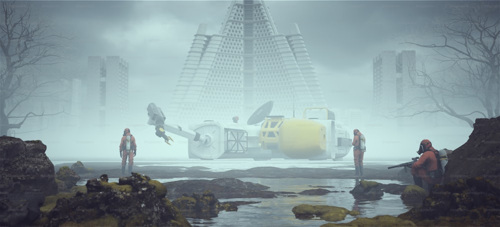 3 Männer in Schutzanzügen in der Nähe eines nebligen felsigen Flussbettes mit Rettungsbergungsschiff mit verlassener brutalistischer Architektur Gebäude in der Ferne 3D-Illustration rendern