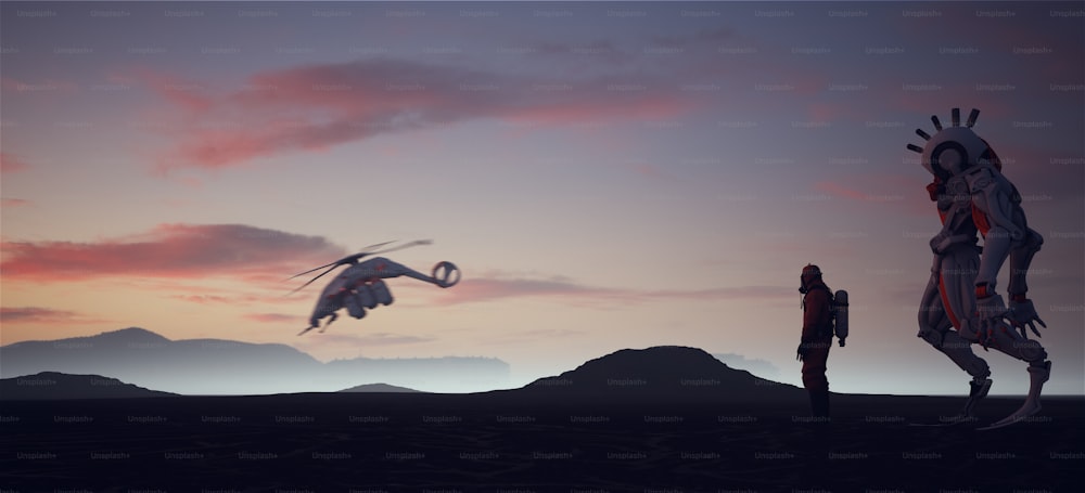 Futuristische isländische Landschaft mit Mann in einem Schutzanzug Sci-Fi-Hubschrauber und großer Roboter Sonnenaufgang 3D-Illustrations-Rendering