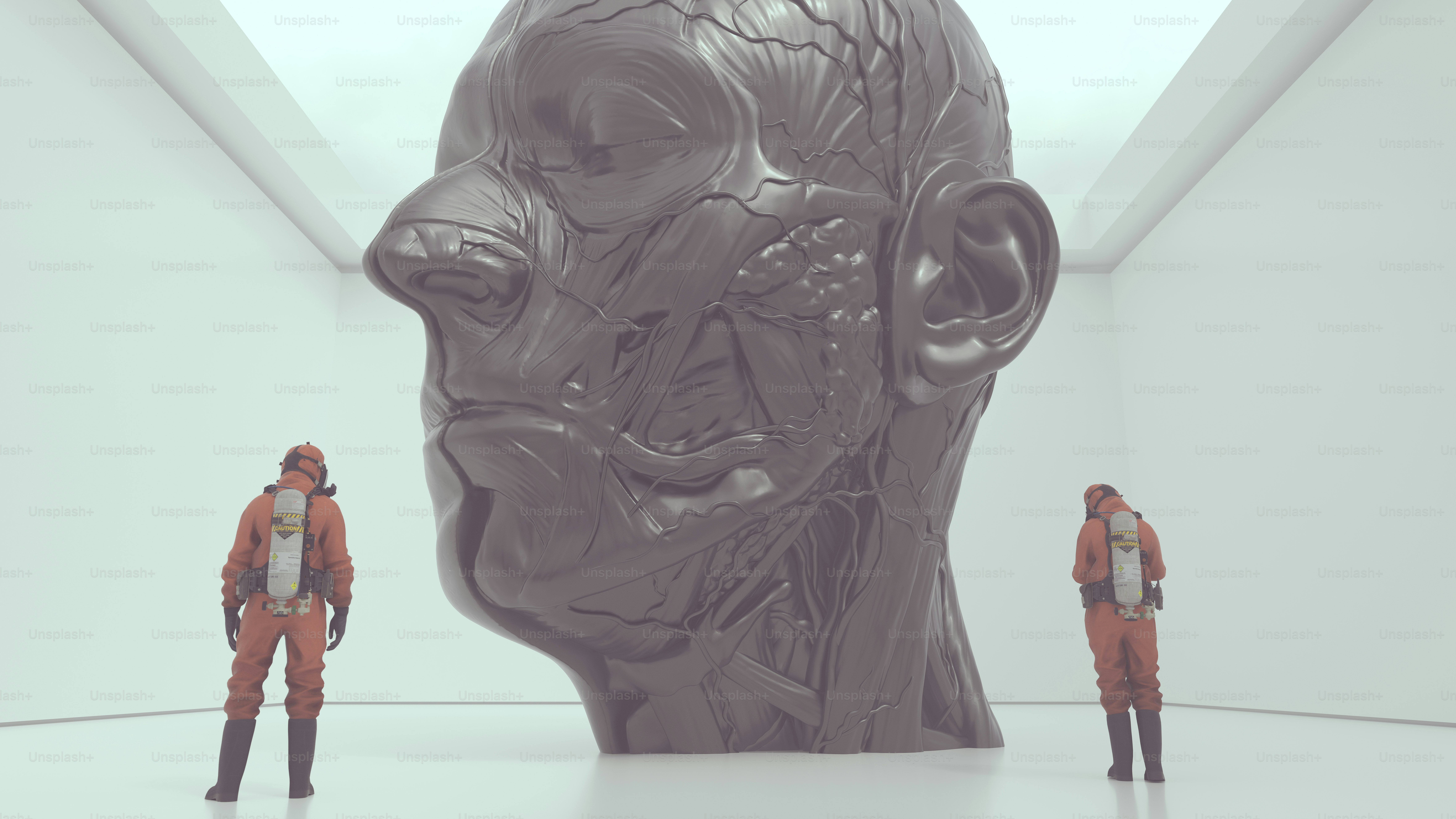 Riesiger schwarzer Ecorche-Kopf in einem Raum mit zwei Männern in Hazmat Suits 3D-Illustration