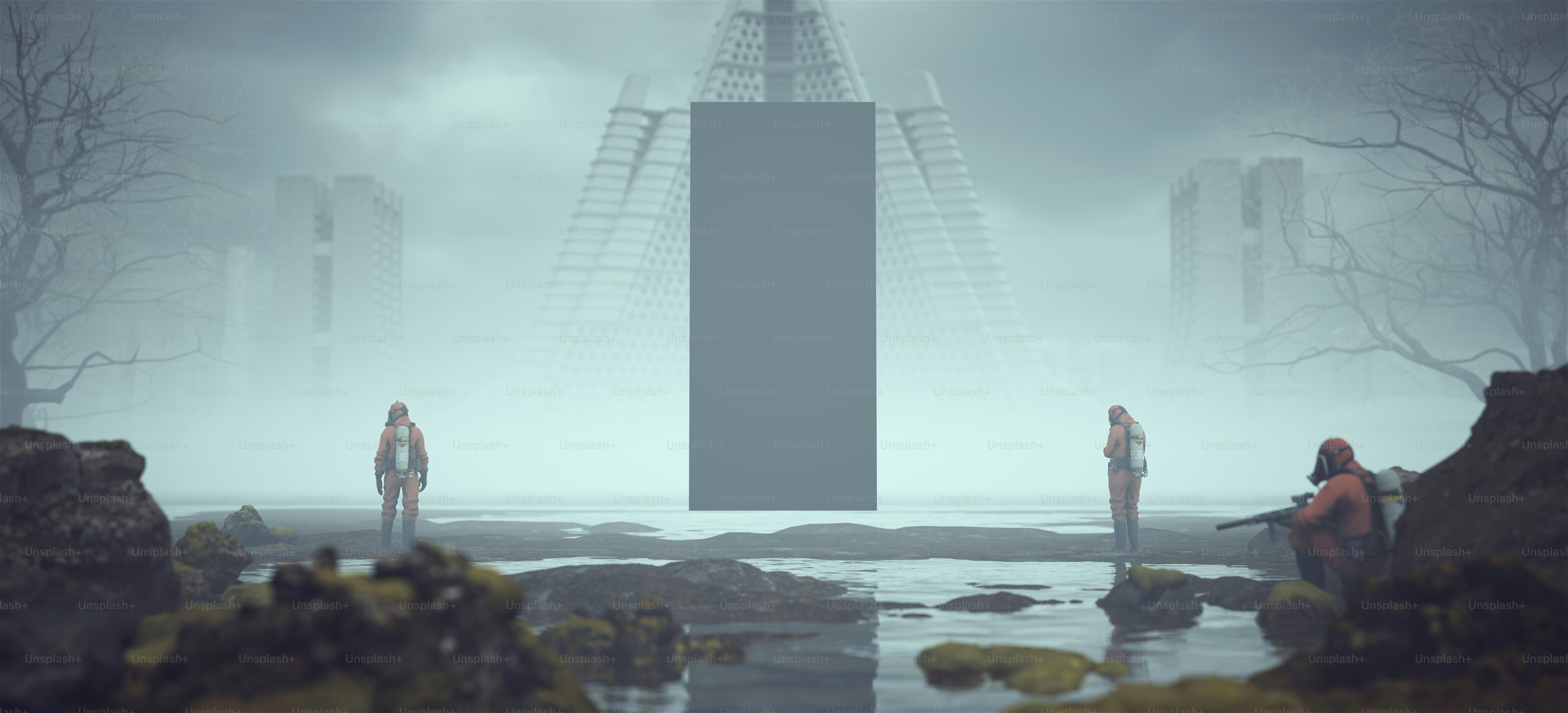 3 Men in Hazmat Suits near a Foggy Rocky Riverbed With Mysterious Black Obelisk Floating and Abandoned Brutalist Architecture Buildings in the Distance 3d illustration render