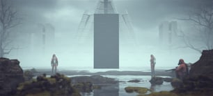 3 Männer in Schutzanzügen in der Nähe eines nebligen felsigen Flussbettes mit mysteriösem schwarzem Obelisken und verlassenen Gebäuden brutalistischer Architektur in der Ferne 3D-Illustration rendern