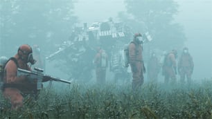 Men in Hazmat Suits with Futuristic AI Battle Droid Cyborg Mech with Glowing Lens Standing Near Trees 3d illustration 3d render
