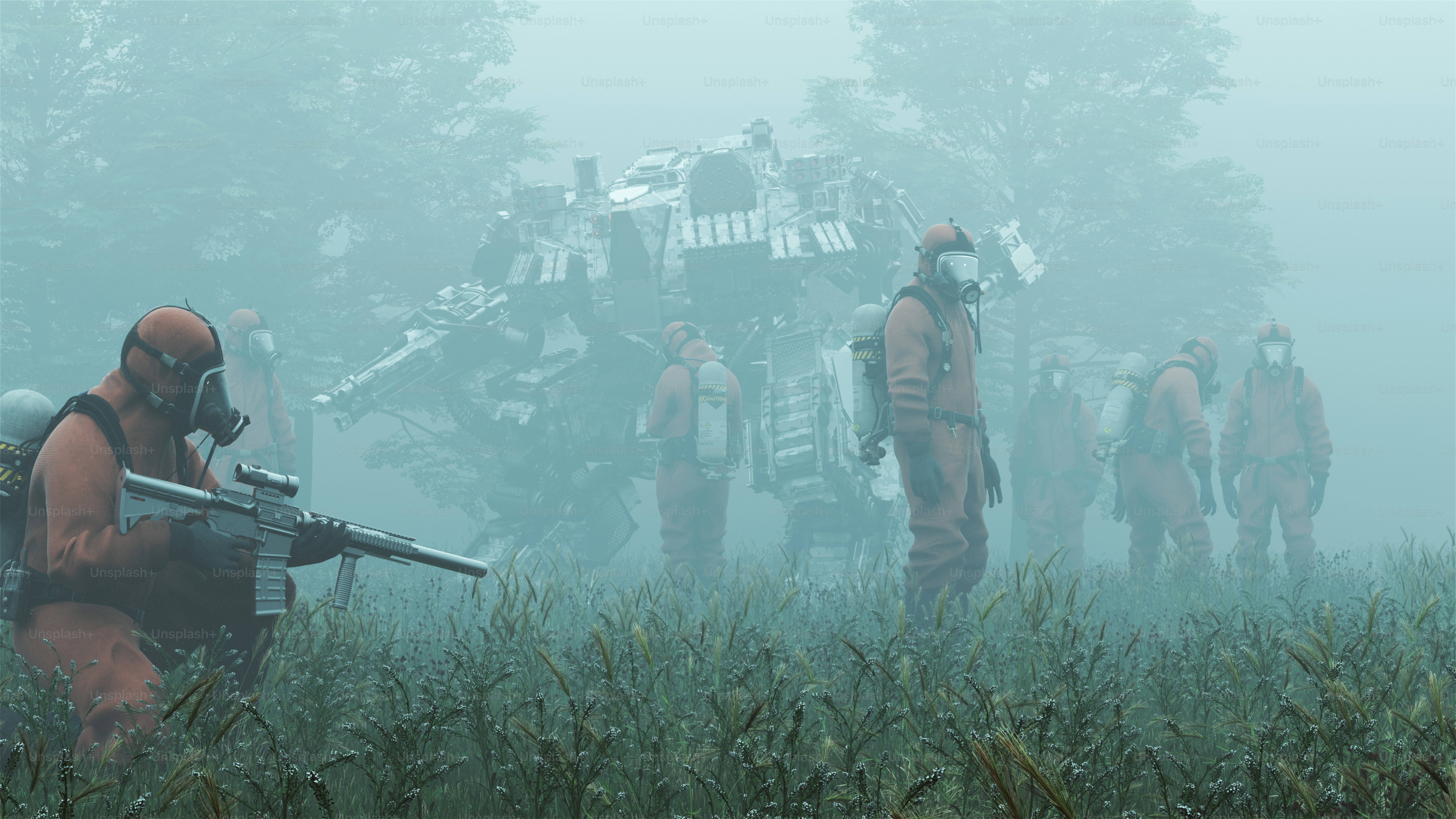 Men in Hazmat Suits with Futuristic AI Battle Droid Cyborg Mech with Glowing Lens Standing Near Trees 3d illustration 3d render