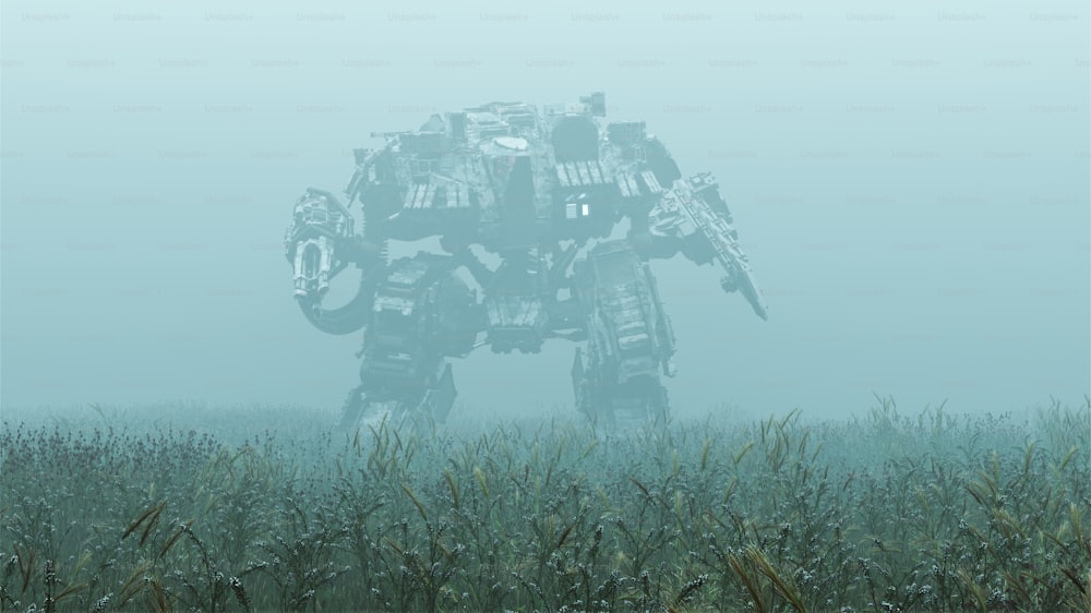 Futuristico IA Battle Droid Cyborg Mech con lente luminosa in piedi in un campo nebbioso Illustrazione 3D Rendering 3D