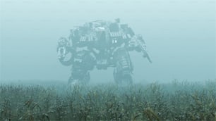 Futuristic AI Battle Droid Cyborg Mech avec lentille brillante debout dans un champ de brouillard Illustration 3D Rendu 3D