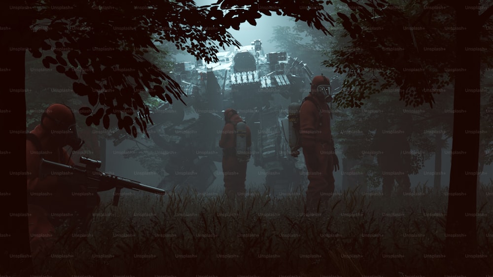 Men in Hazmat Suits with Futuristic AI Battle Droid Cyborg Mech with Glowing Lens Standing in a Wooded Clearing with a Beam of Light 3d illustration 3d render