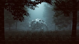 Futuristic AI Battle Droid Cyborg Mech with Glowing Lens Standing in a Wooded Clearing with a Beam of Light 3d illustration 3d render