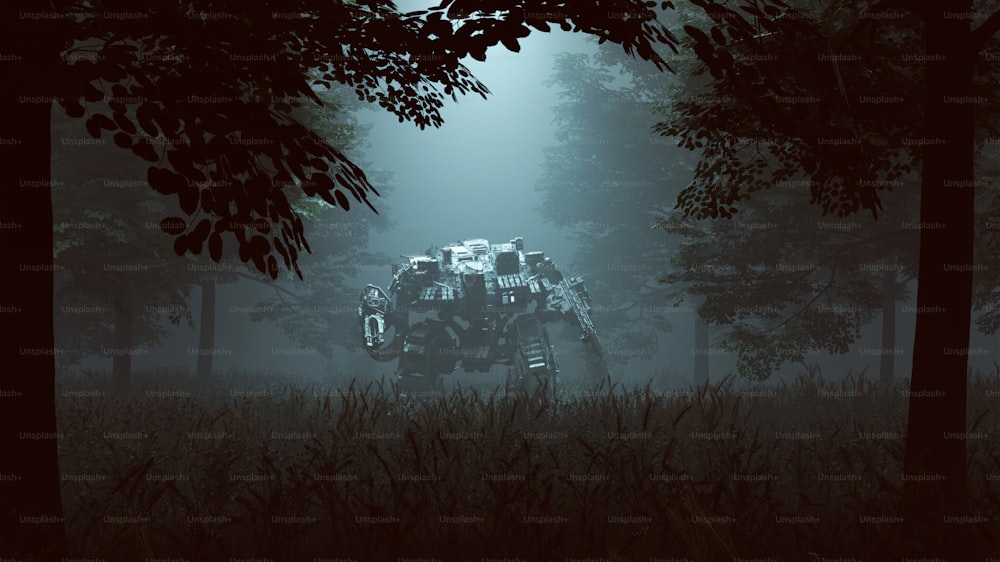 Futurista AI Battle Droid Cyborg Mech con lente brillante de pie en un claro boscoso con un rayo de luz Ilustración 3D Render 3D