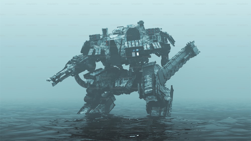 Futurista AI Battle Droid Cyborg Mech con lente brillante de pie en el agua en un entorno nublado y nublado Ilustración 3D Render 3D