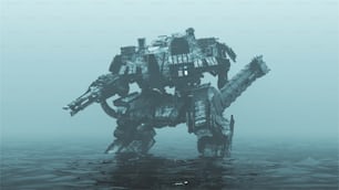 Futuristic AI Battle Droid Cyborg Mech with Glowing Lens Standing in Water in a Foggy Overcast Environment 3d illustration 3d render