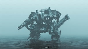 Mech cyborg futuristico del droide da battaglia AI con lente incandescente in piedi nell'acqua in un ambiente coperto nebbioso Illustrazione 3D Rendering 3D