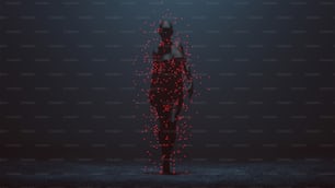 Alienígena avanzado que cambia de forma formado a partir de pequeñas esferas negras Cyber punk futurista con pequeñas esferas rojas en órbita Ilustración 3D Renderizado 3D