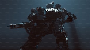 Futuristischer KI-Kampfdroide Cyborg Mech mit leuchtender Linse 3D-Illustration 3D-Rendering