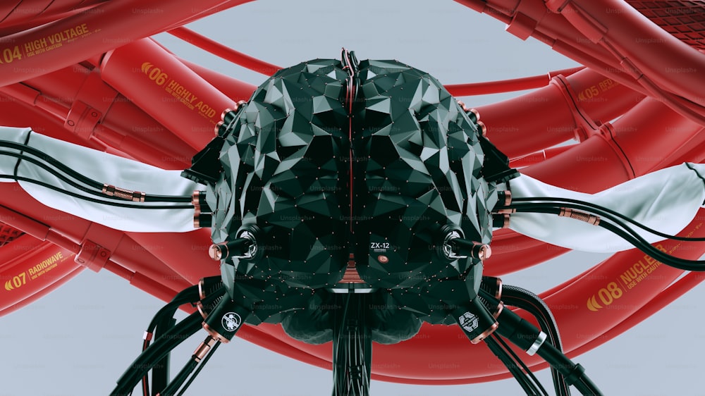 Ilustración 3D de la computadora cuántica de inteligencia artificial negra con cables y tuberías rojas