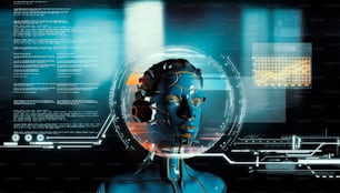 Robot futurista frente a pantallas con información de datos. Concepto de inteligencia artificial y computación. Esta es una ilustración de renderizado 3d.