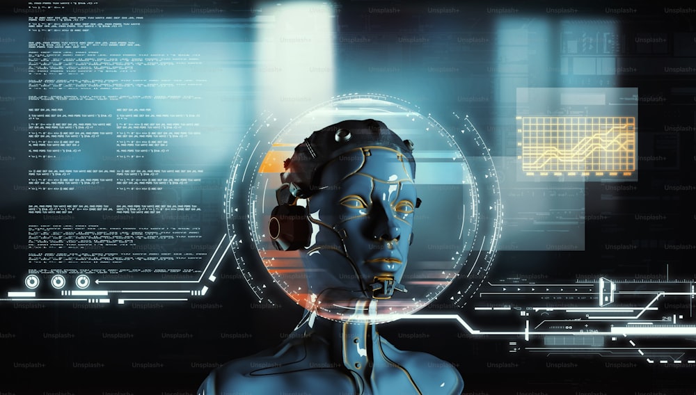 데이터 정보가 있는 화면 앞에 있는 미래형 로봇. 인공 지능과 컴퓨팅 개념. 이것은 3D 렌더링 그림입니다.