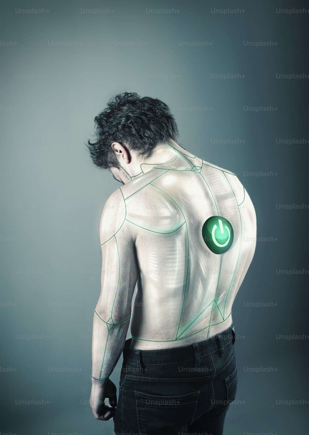 Image of a robot man turned off, with a power button on his back.