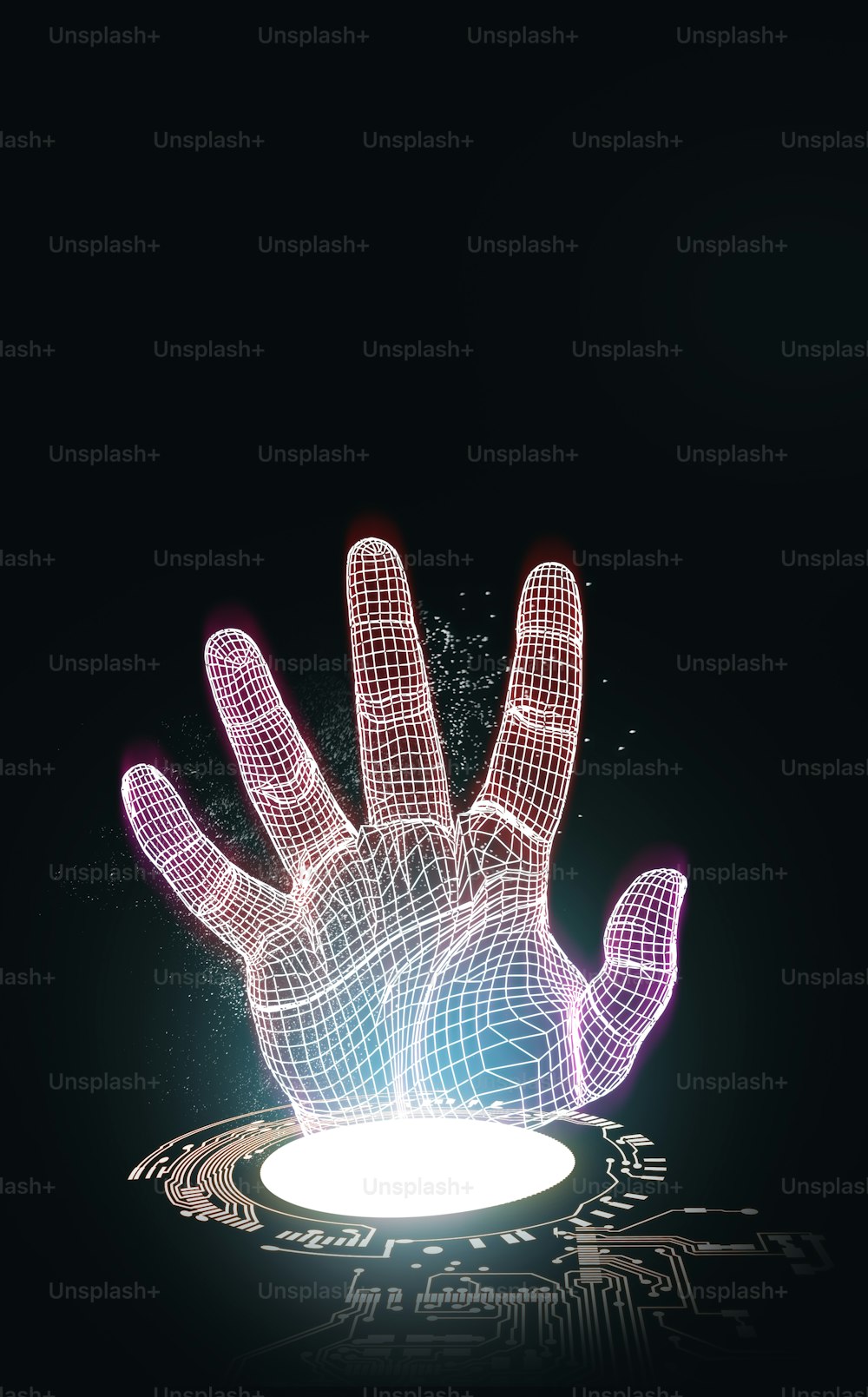 보드 회로가 있는 미래 지향적인 배경에 있는 디지털 손. 인공 지능 개념 .