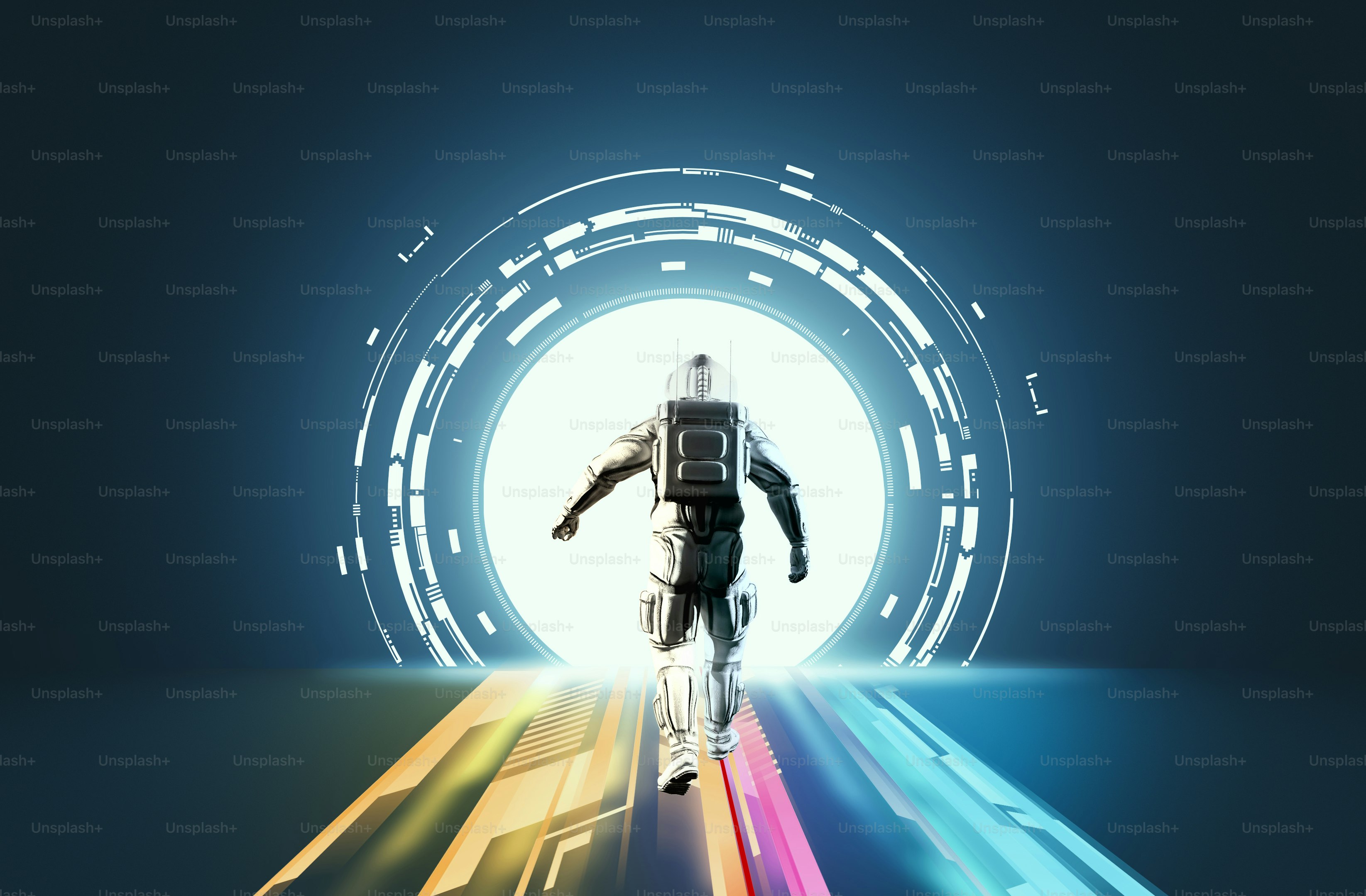 Astronaut on a futuristic background . Sci fi colorful data information .