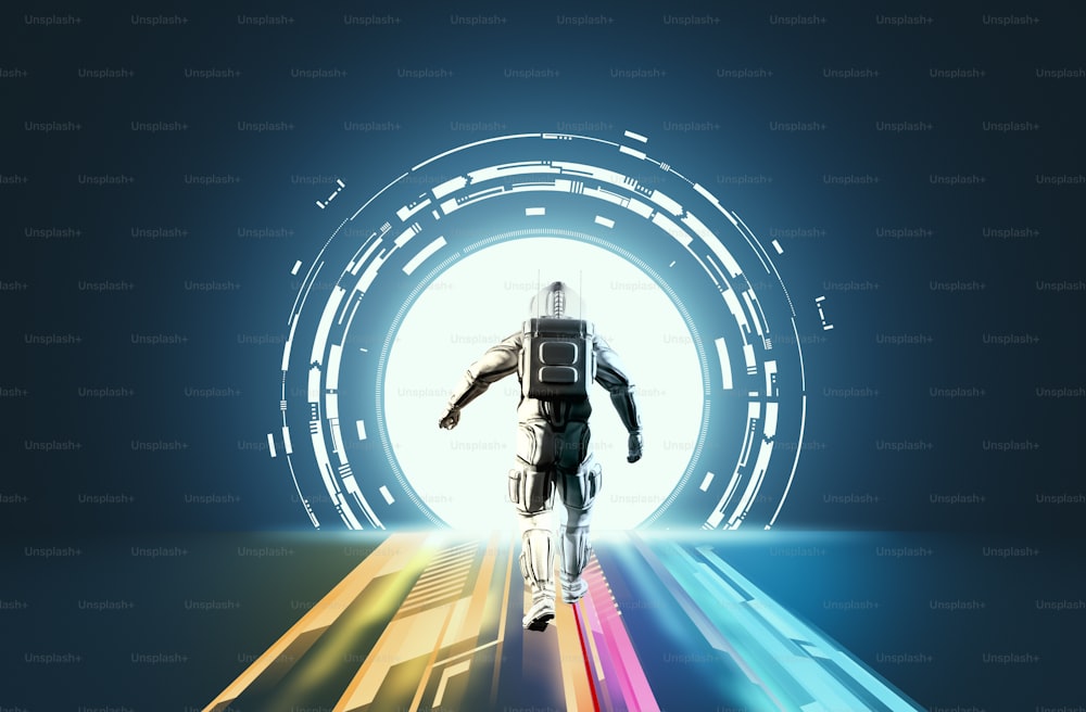 Astronaut on a futuristic background . Sci fi colorful data information .