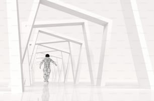 Astronaut walking on abstract geometric background . This is a 3d render illustration .