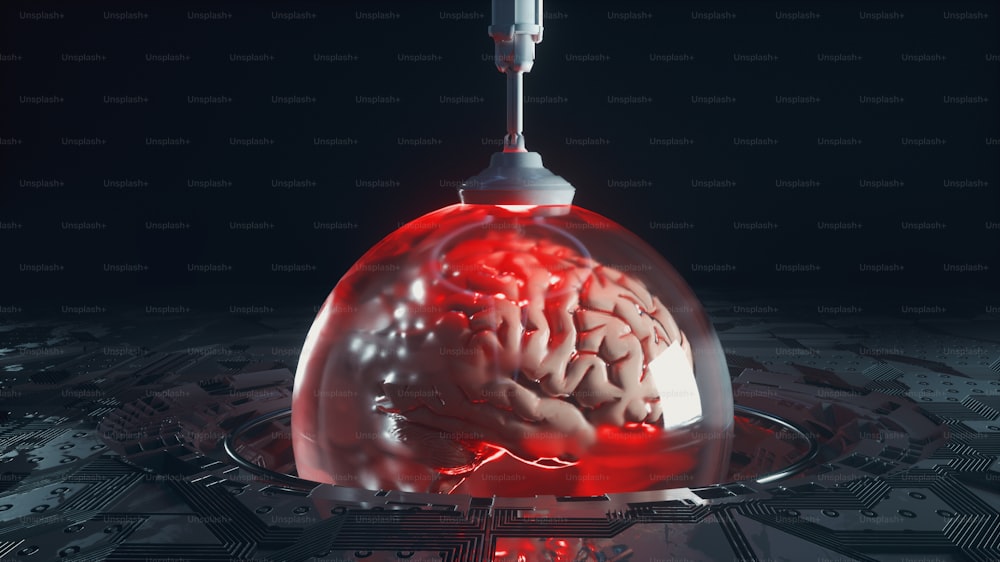 Futuristic room with colorful neon lights and a human brain . artificial intelligence concept . This is a 3d render illustration .