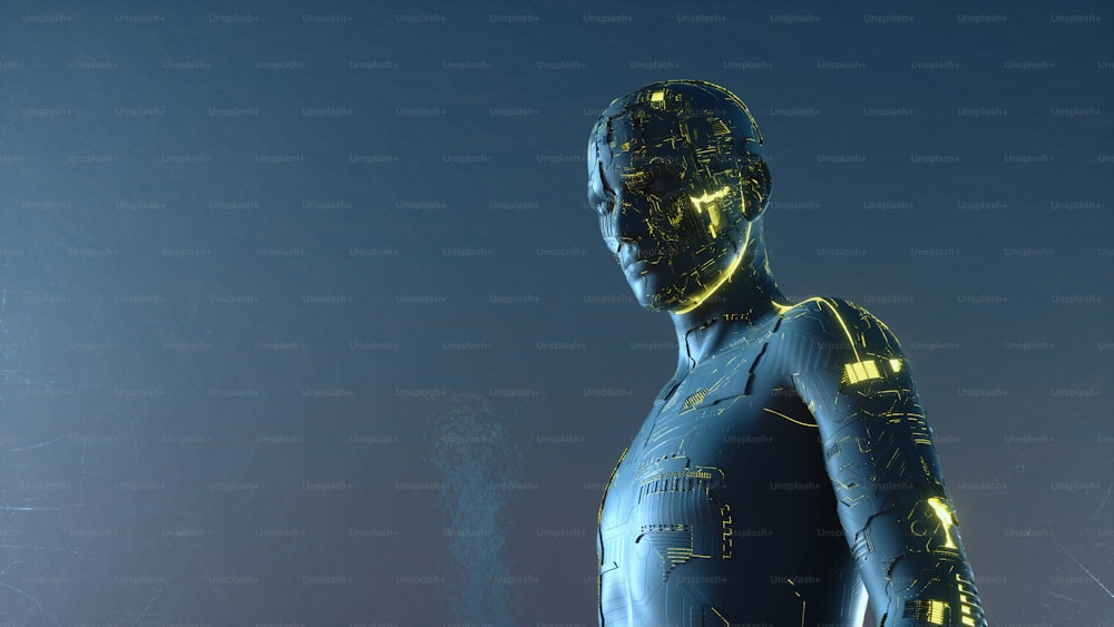 빛나는 회로를 가진 미래형 로봇. 사이버 공간과 기술 개념. 이것은 3D 그림입니다.