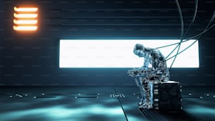 과학 실험실에서 빛나는 회로를 가진 미래형 로봇. 사이버 공간과 기술 개념. 이것은 3D 그림입니다.