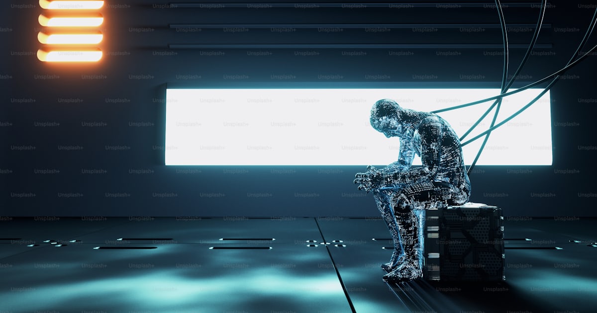 Futuristic robot with glowing circuits in a science laboratory ...