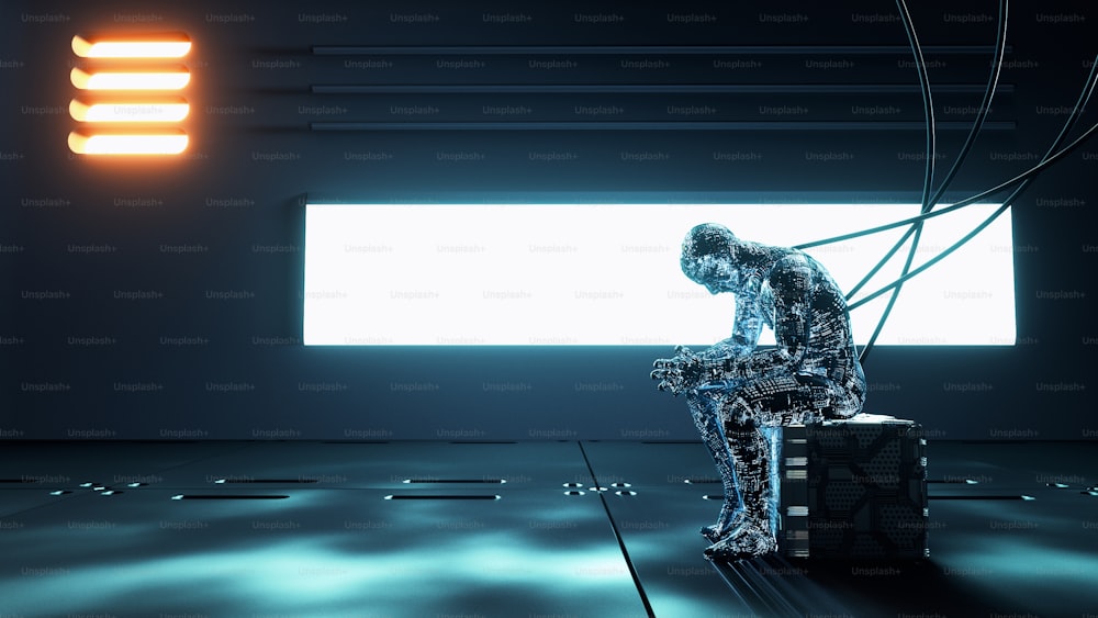 Robô futurista com circuitos brilhantes em um laboratório de ciências. Ciberespaço e conceito de tecnologia . Esta é uma ilustração 3D.