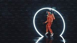 Astronauta bailando a través de un portal de neón. Esta es una ilustración de renderizado 3d.