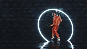 네온 포털을 통해 춤을 추는 우주 비행사 . 이것은 3D 렌더링 그림입니다.