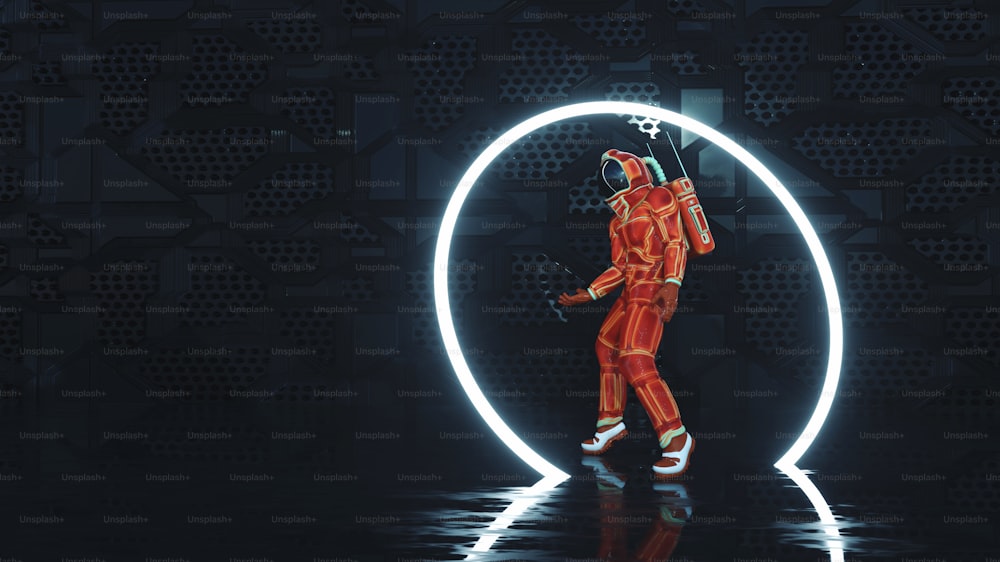 Astronauta che balla attraverso un portale al neon. Questa è un'illustrazione di rendering 3d.