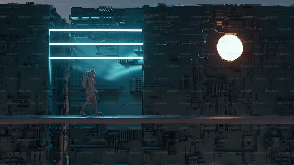 Astronaute marchant sur un pont futuriste avec des néons et des bâtiments en arrière-plan. Décor fantastique de science-fiction . Il s’agit d’une illustration de rendu 3D.