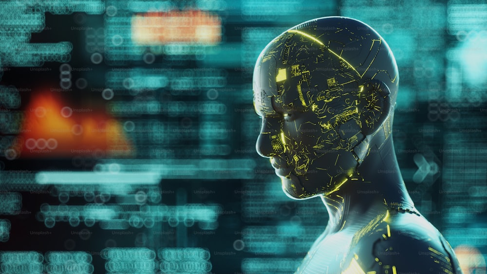 Cyborg with circuit lights and data information in background . Artificial intelligence innovation concept . This is a 3d render illustration .