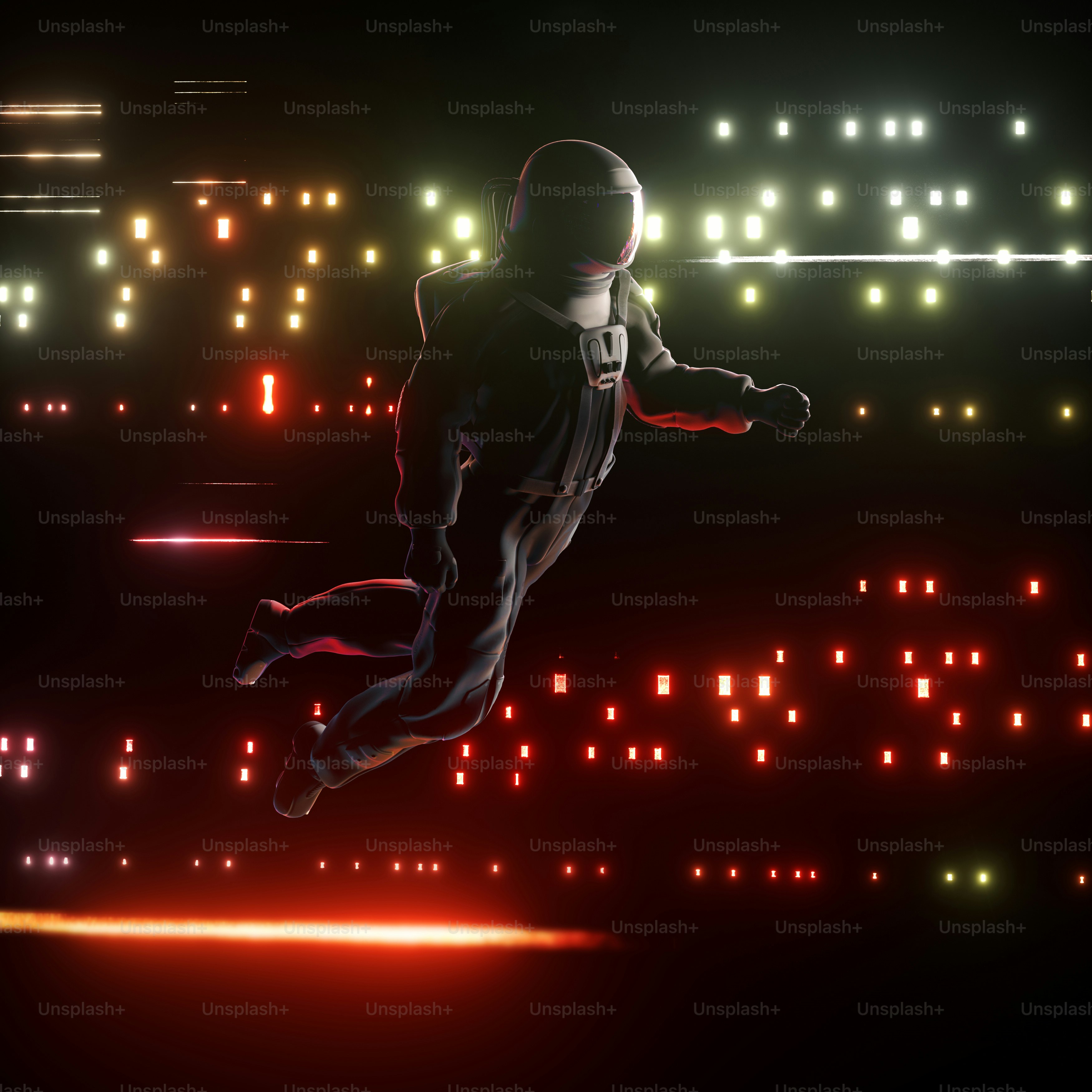 宇宙飛行士の飛行とデータバイト。未来的なイノベーションとブロックチェーンのコンセプト。これは3Dレンダリングイラストです。の写真 –  Unsplashのテクノロジーの画像