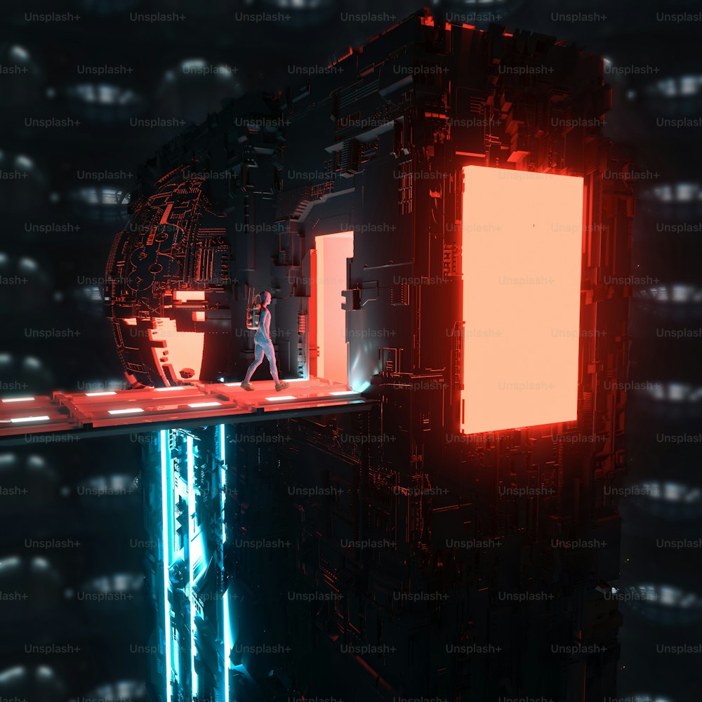 Robot entering a door on a futuristic bridge . Futuristic building with neon lights . This is a 3d render illustration .