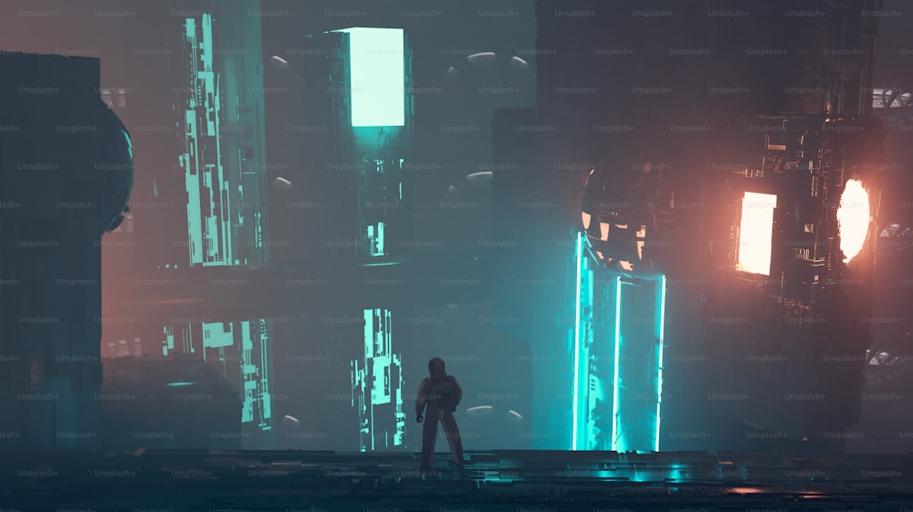 Astronauta em frente à cidade futurista com luzes de néon. Ficção científica e conceito de inovação futurista. Esta é uma ilustração de renderização 3D.