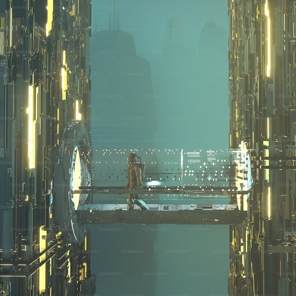Astronauta cammina su un ponte futuristico tra due edifici. Stazione spaziale e concetto di trasferimento dati. Questa è un'illustrazione di rendering 3d