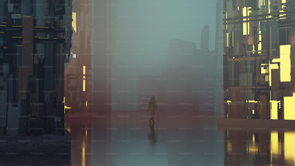 Astronauta cammina in una città futuristica durante la notte. Smart city e concetto di innovazione. Questa è un'illustrazione di rendering 3d.
