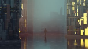 Astronaut walks in a futuristic city during night . Smart city and innovation concept . This is a 3d render illustration .