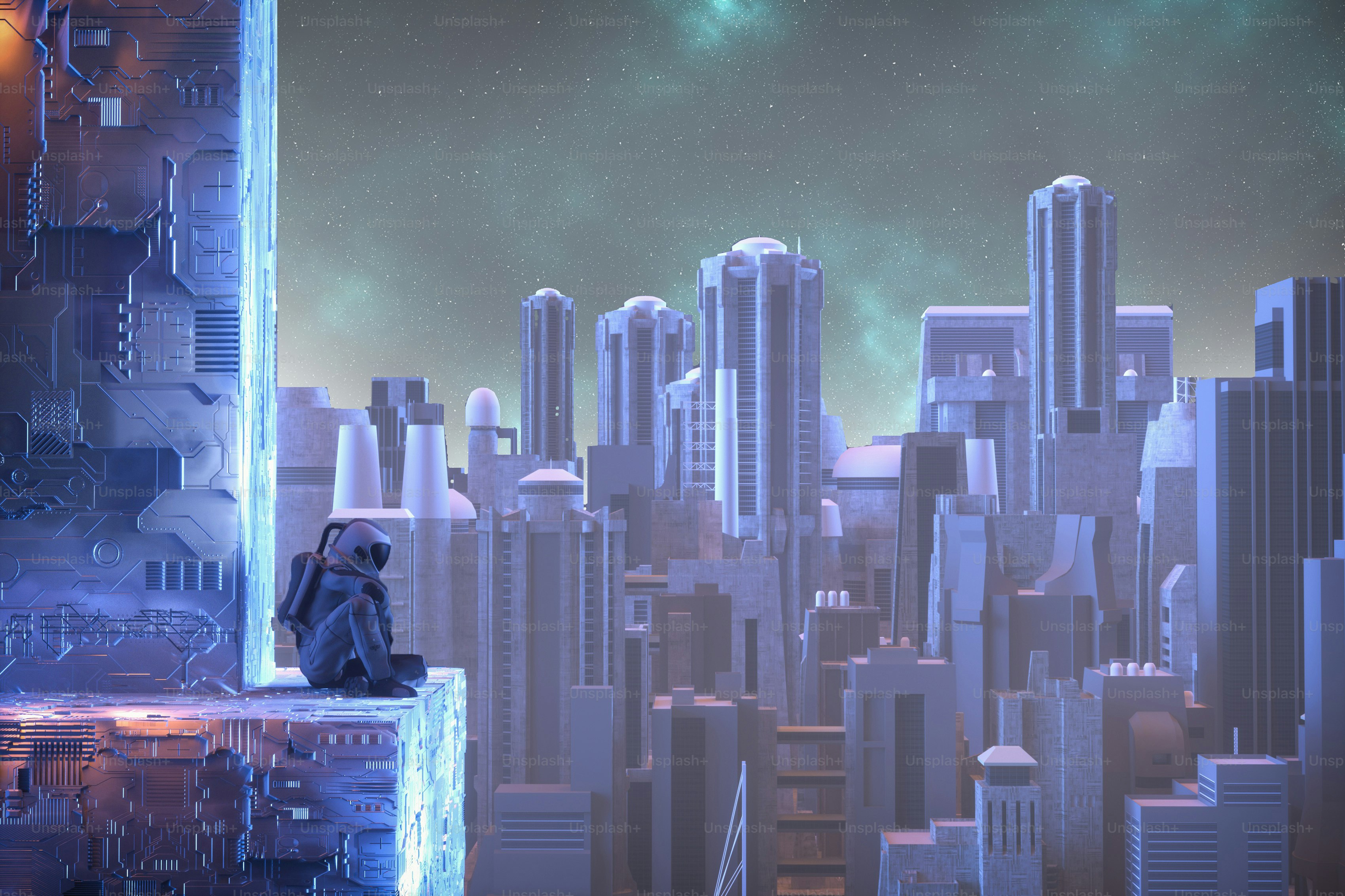Astronaut sitting on a futuristic structure in the city . Sci fi fantasy  scenery and cityscape futuristic . This is a 3d render illustration . photo  – Technology Image on Unsplash, image size:3000x1999