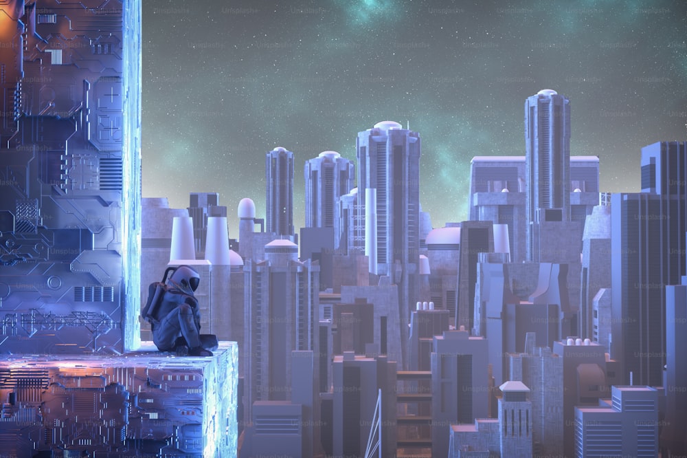 Astronauta sentado en una estructura futurista en la ciudad. Escenario de fantasía de ciencia ficción y paisaje urbano futurista. Esta es una ilustración de renderizado 3d.