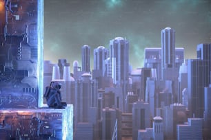 Astronaut sitting on a futuristic structure in the city . Sci fi fantasy scenery and cityscape futuristic . This is a 3d render illustration .