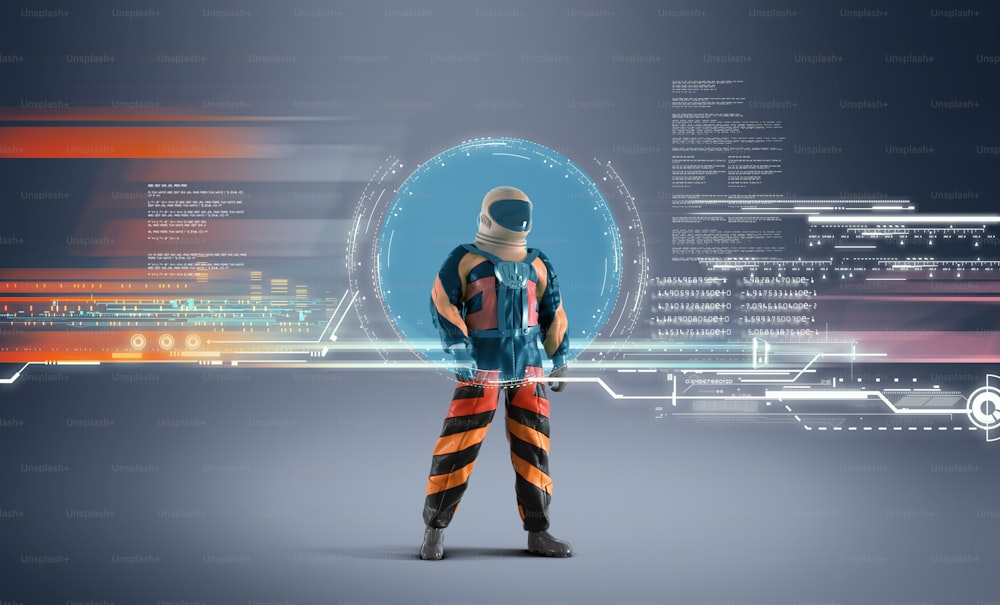 Astronaut mit futuristischen Hologramm-Bildschirmen. Zukunftsweisendes Technologie- und Innovationskonzept . Dies ist eine 3D-Render-Illustration .