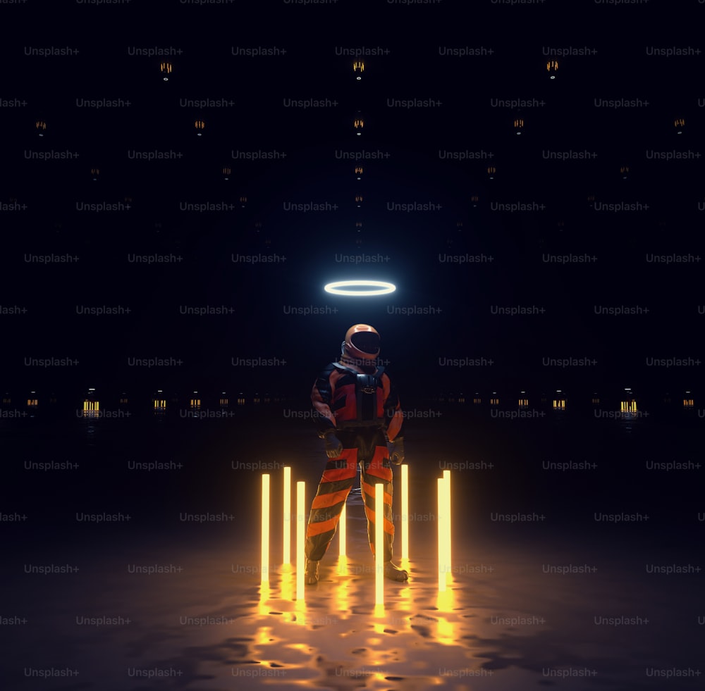 Astronaut in a futuristic room . Meta verse and nft concept . This is a 3d render illustration .