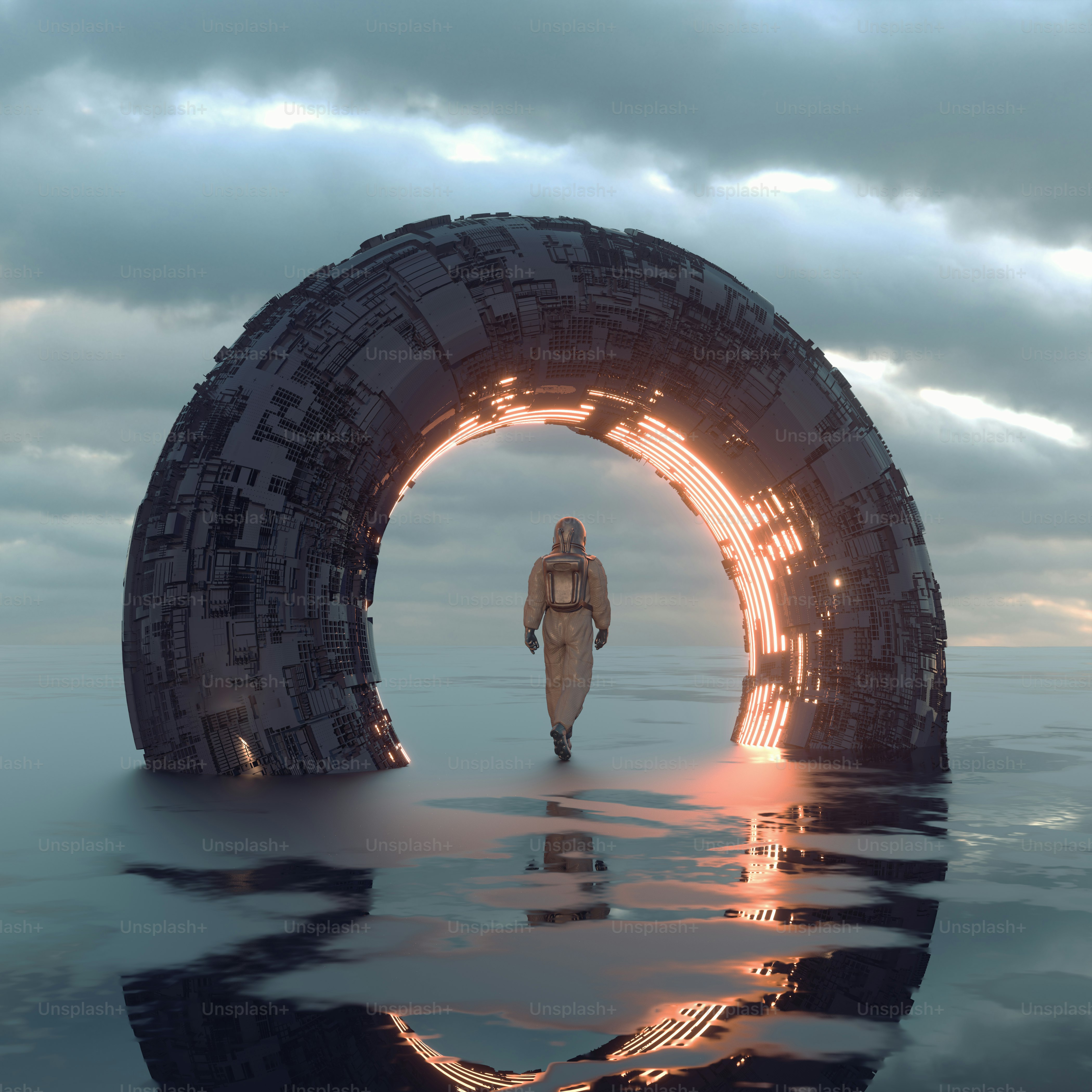 Astronaut walks under a sci fi structure with neon lights . Futuristic and innovation concept . This is a 3d render illustration