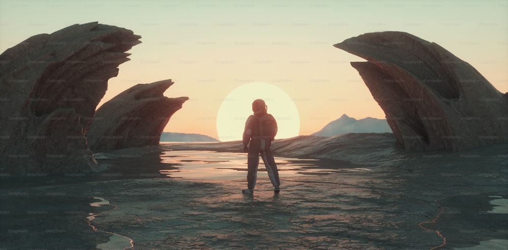 Astronauta en el planeta fantasía en el lago durante la puesta de sol. Ciencia ficción y explorar concepto. Esta es una ilustración de renderizado 3d.