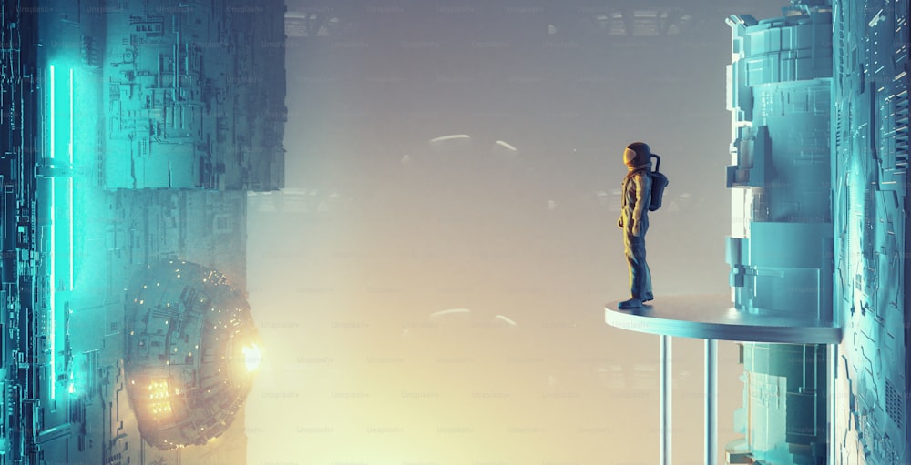 Astronauta de pie en la plataforma en una ciudad futurista. Concepto de ciencia ficción y fantasía. Esta es una ilustración de renderizado 3d.