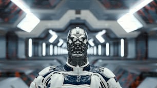 Ciborgue no fundo futurista. Conceito de ficção científica e inteligência artificial. Esta é uma ilustração de renderização 3D.